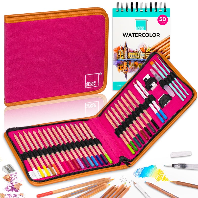 COLOUR BLOCK Watercolor Pencil Travel Art Set I 34pc Professional Drawing Kit, 50Sheets Drawing Pad, Paint Brushes I Vibrant Pigments for Coloring, Blending - Image 1